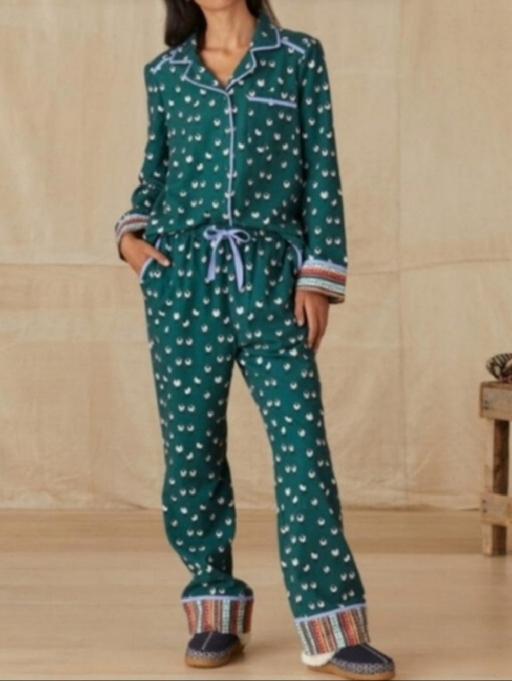 Sundance Teal Sheep-Print Womens Pajama Set with Colorful Trim